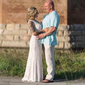 David’s Bridal cream colored lace wedding dress